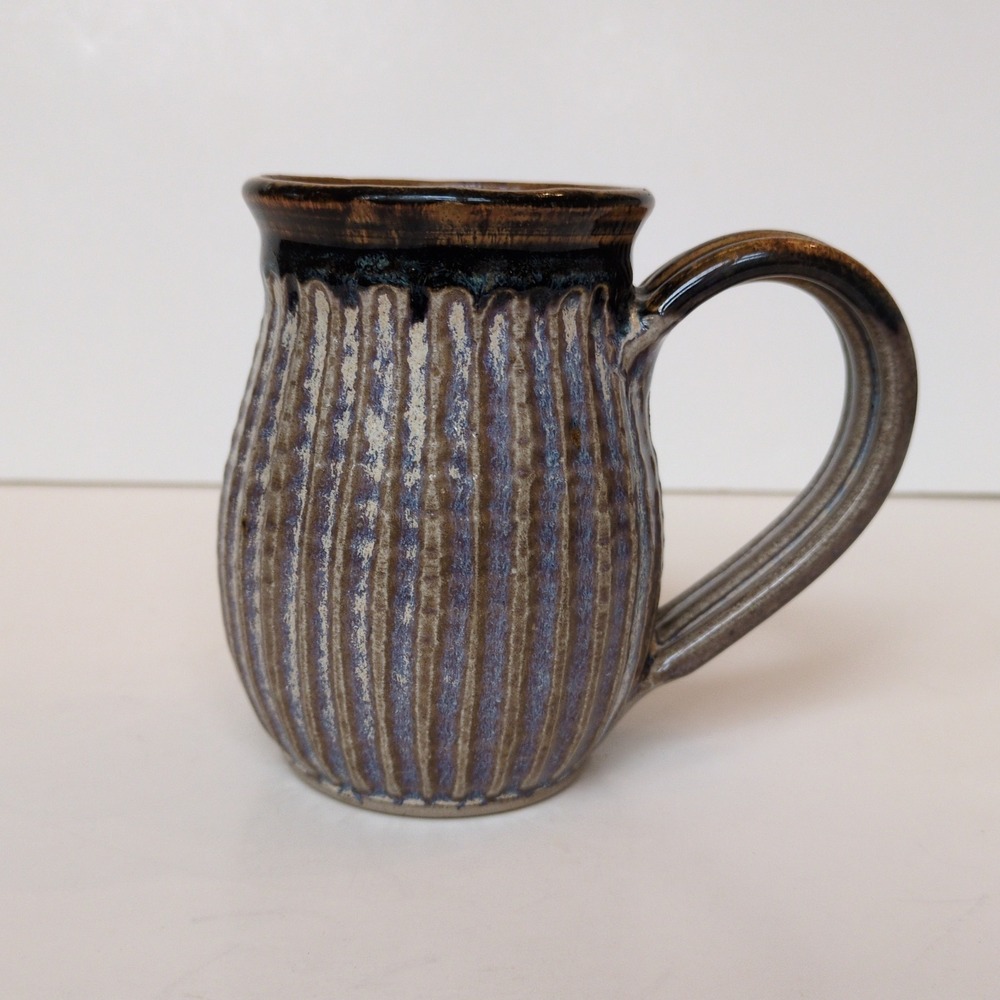 Artisan Handmade Pottery Stoneware Coffee or Tea Mug - Ribbed Blue Gray Brown - Picture 1 of 7